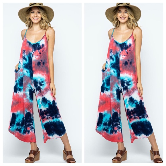 ShopEvelynne Pants - CHIC TIE DYE PRINT CAMI JUMPSUIT WITH SIDE POCKETS
